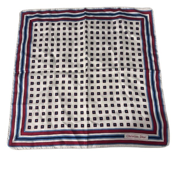 Vintage Christian Dior Silk Scarf Red White Blue Geometric Print Square READ - Picture 1 of 5